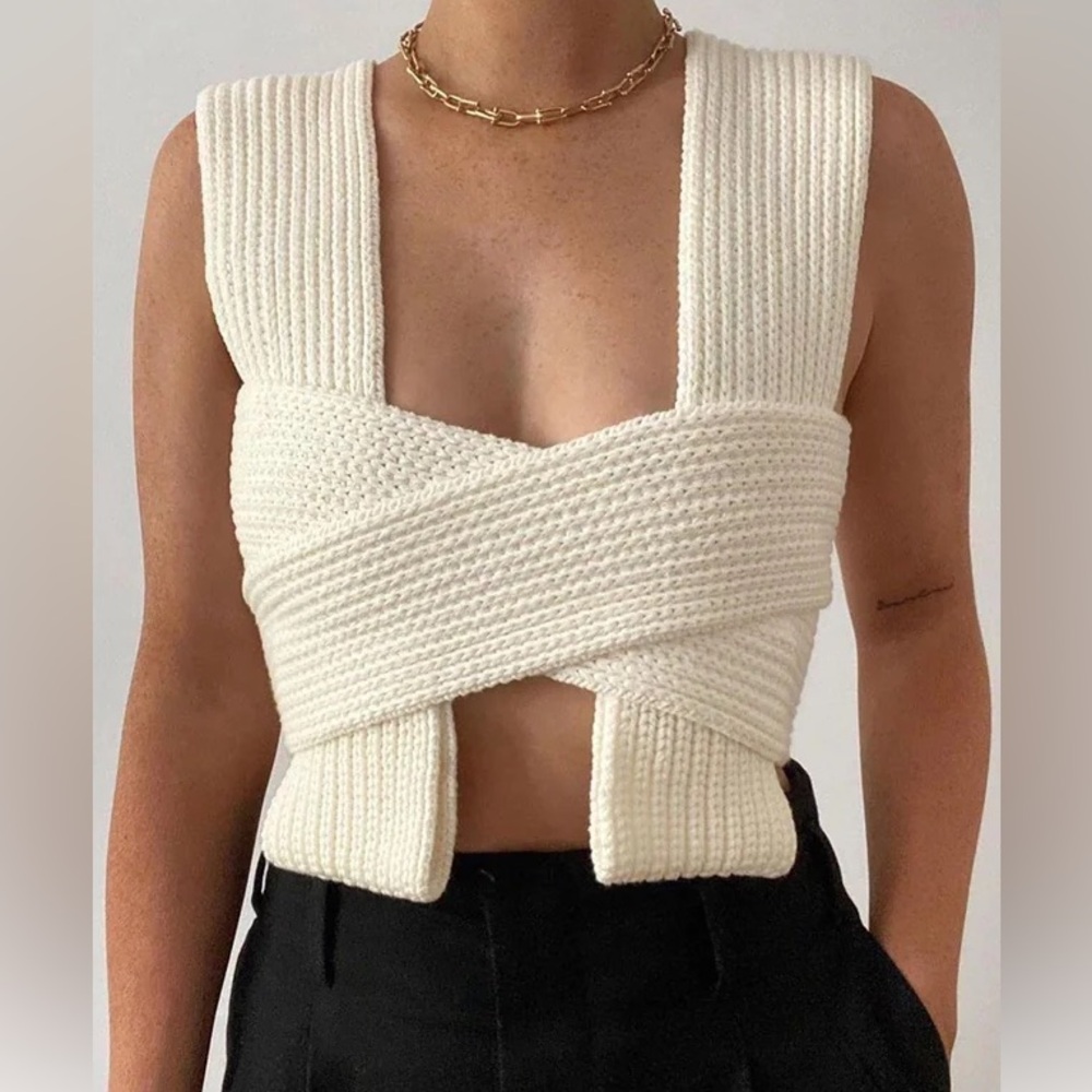 Simonett Cream Ribbed Knit Wrap Crop Top